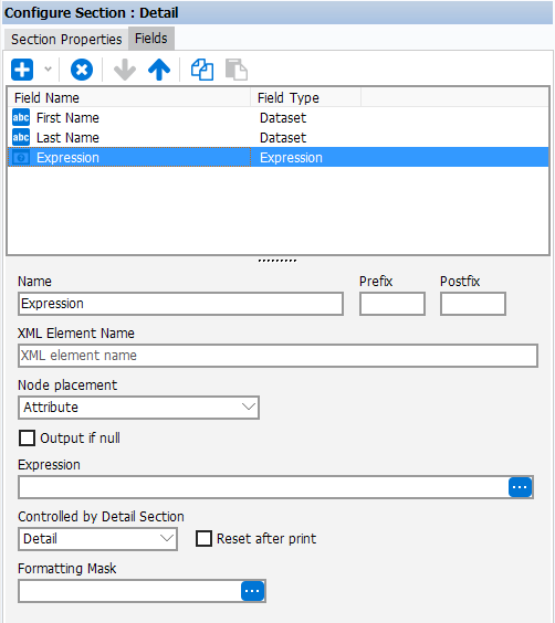 This image shows the Fields tab selected when adding an Expression.  Within the fields tab, options for adding fields, naming the field, entering prefix, postfix, XML Element Name, Node Placement, Expression, Controlled by Detail Section, and Formatting Mask.